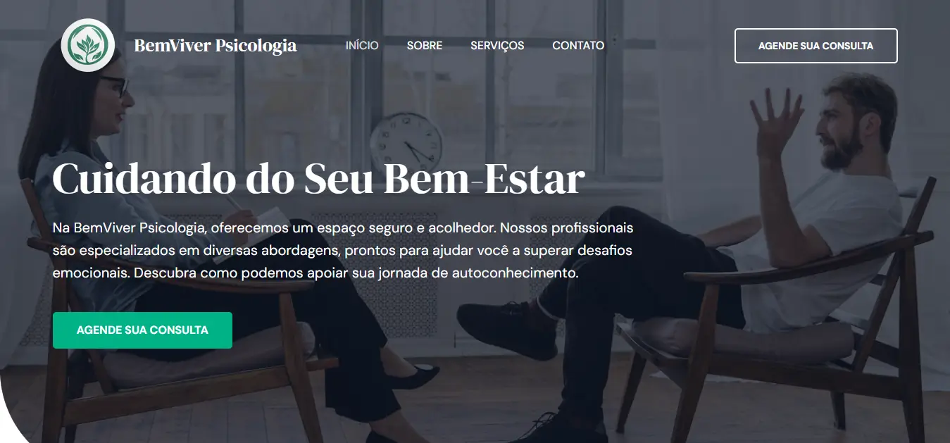 Imagem da Hero Row do site 'Bem Viver – Clínica Psicológica', destacando a área principal da página inicial.
