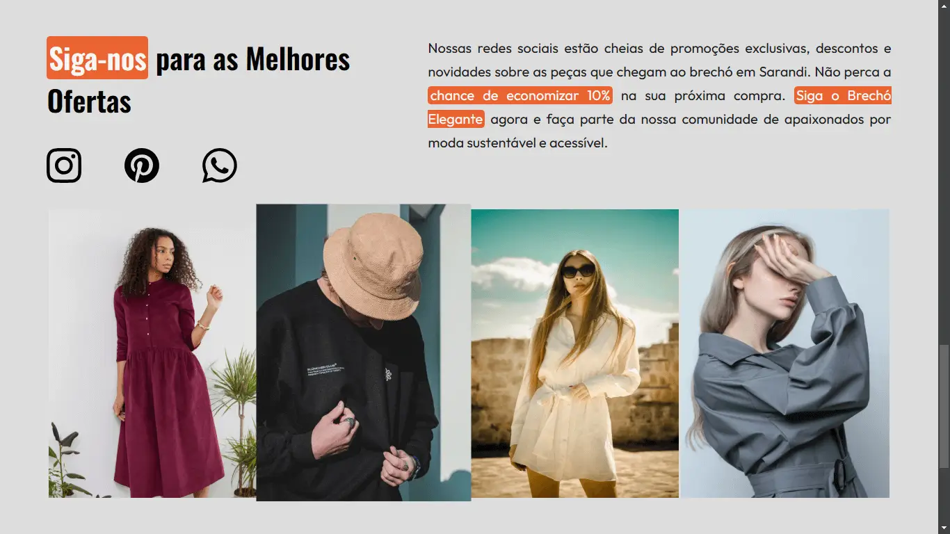 Imagem da seção de contato do site 'Brechó Elegante', mostrando as opções de comunicação e fotos de pessoas posando com roupas estilosas.