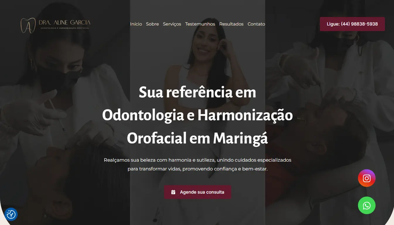 Imagem da Hero Row do site 'Dra. Aline Garcia', destacando a área principal da página inicial.